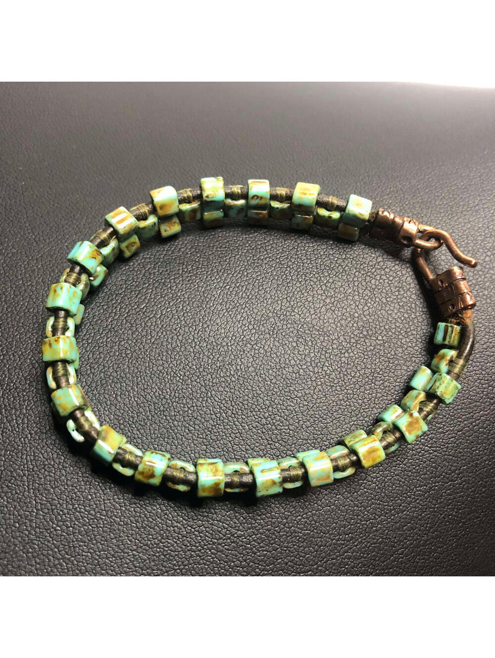 2694 Turquoise beaded & Copper hook closure Bracelet 7"